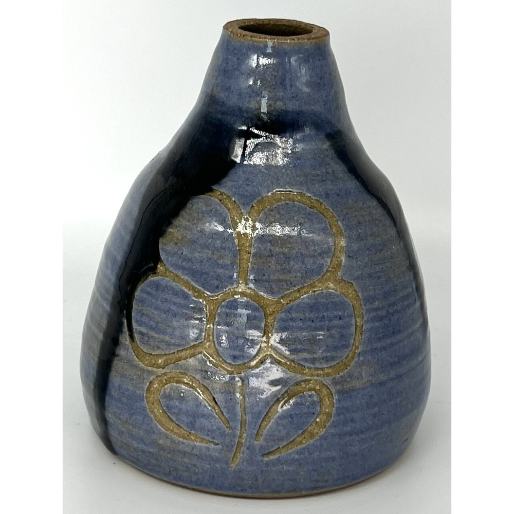 Handmade Signed Blue Clay Glazed Bulbous Round Shaped Pottery Vase